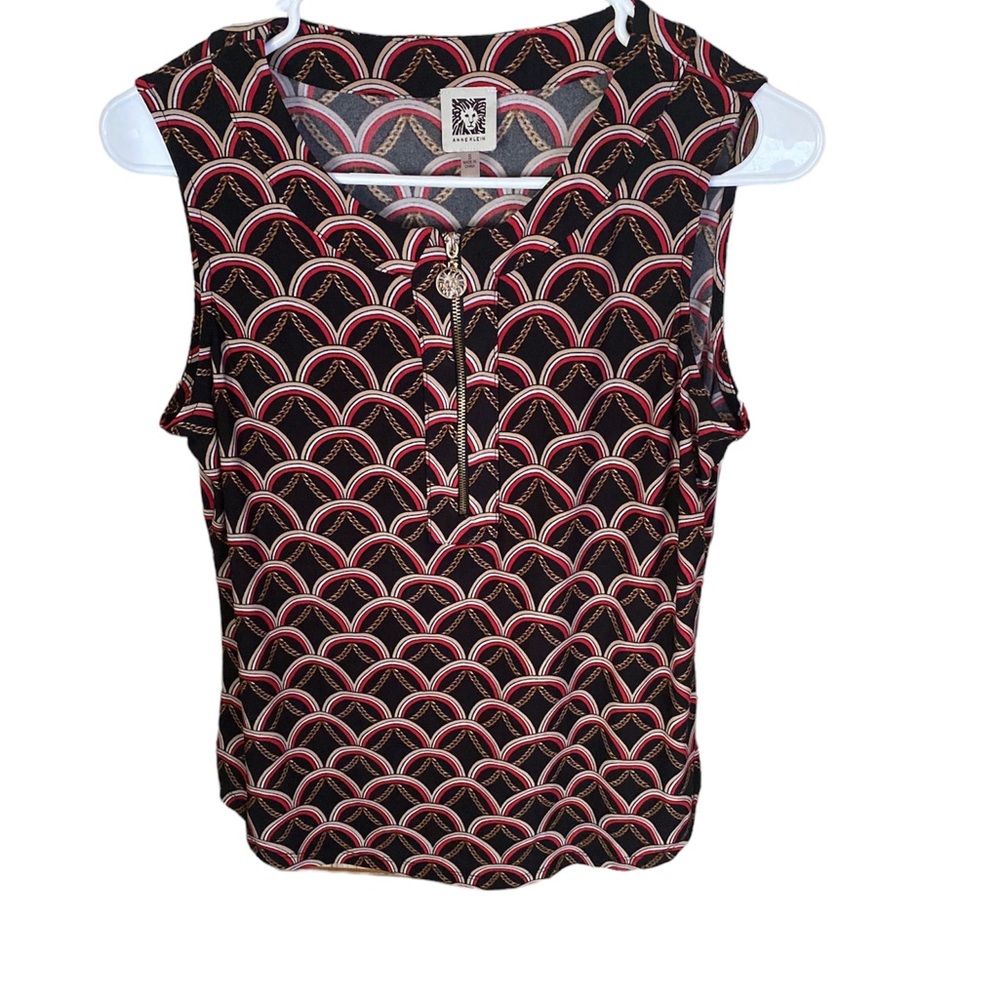 Anne klein sleeveless half zip down women’s blouse size small brown & red